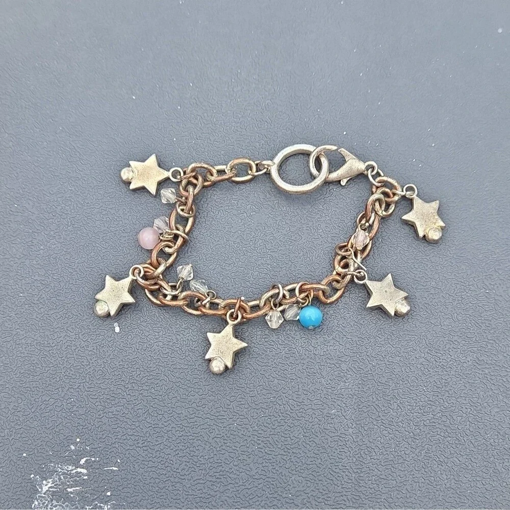 Bronze Tone Star Charm Chain Bracelet w/ Multicolor Dangle Charms, Lobster Clasp